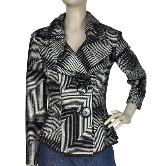 Joseph Ribkoff Chevron Print Black & Silver Tiered High Collar Peplum Jacket - Picture 7 of 14